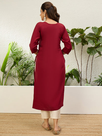 Dhiyona VV Cherry Red Women Embroidered Silk Blend Straight Kurta