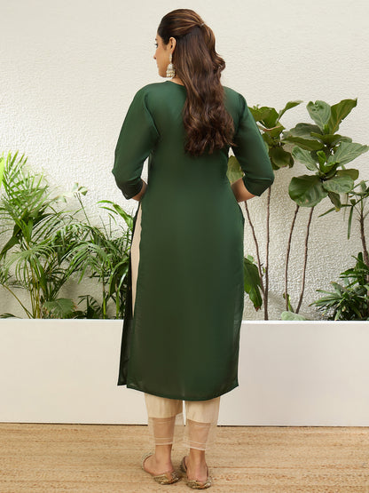 Dhiyona VV Green Women Embroidered Silk Blend Straight Kurta