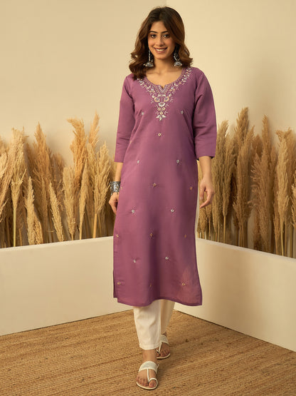 Dhiyona VV Lavender Women Embroidered Silk Blend Straight Kurta