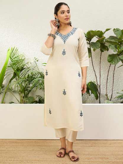 Dhiyona VV Off White Women Embroidered Silk Blend Straight Kurta