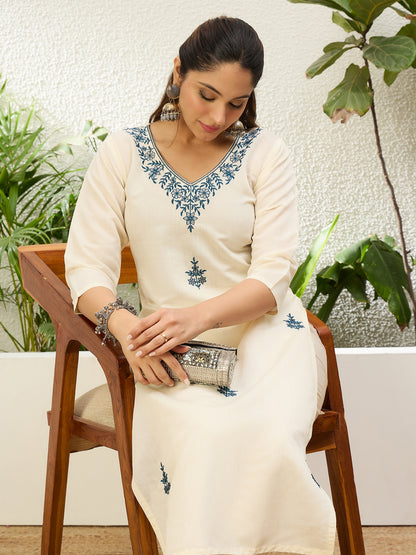Dhiyona VV Off White Women Embroidered Silk Blend Straight Kurta