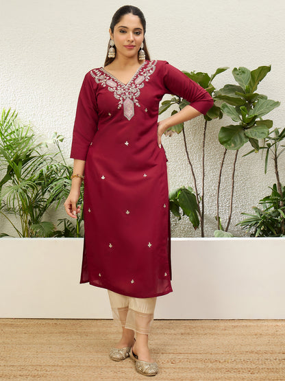 Dhiyona VV Cherry-red Women Embroidered Silk Blend Straight Kurta