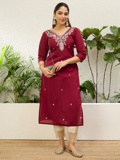 Dhiyona VV Cherry-red Women Embroidered Silk Blend Straight Kurta