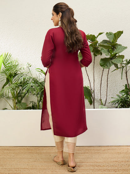 Dhiyona VV Cherry-red Women Embroidered Silk Blend Straight Kurta