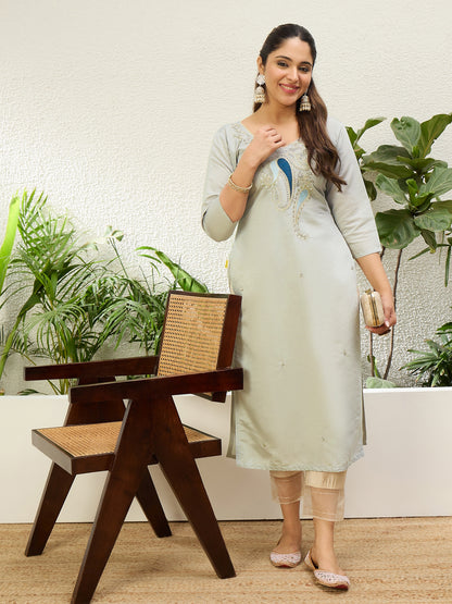 Dhiyona VV Grey Women Embroidered Silk Blend Straight Kurta