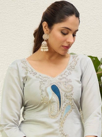Dhiyona VV Grey Women Embroidered Silk Blend Straight Kurta