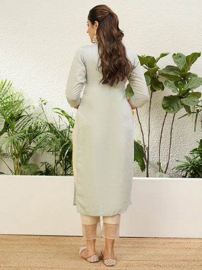 Dhiyona VV Grey Women Embroidered Silk Blend Straight Kurta