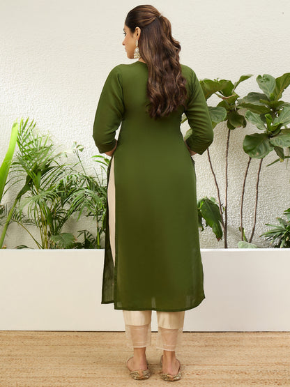 Dhiyona VV Mehndi Women Embroidered Silk Blend Straight Kurta