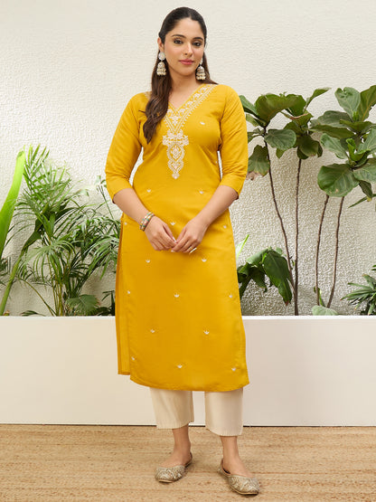 Dhiyona VV Yellow Women Embroidered Silk Blend Straight Kurta