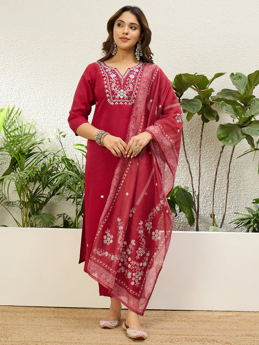 Dhiyona VV Cherry Red Womens Traditional Kurta Pant Set with Dupatta