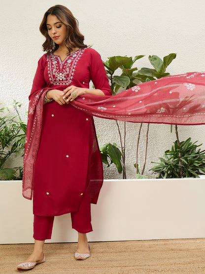 Dhiyona VV Cherry Red Womens Traditional Kurta Pant Set with Dupatta
