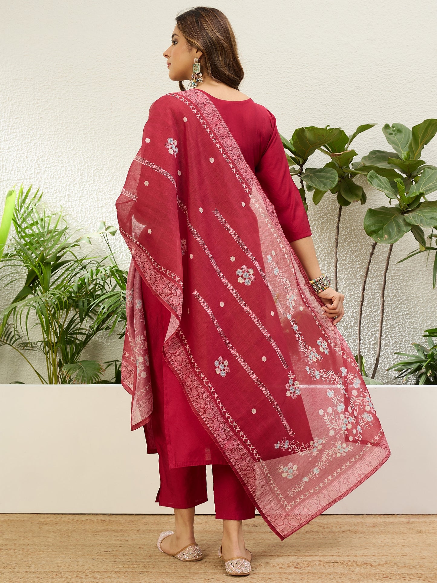 Dhiyona VV Cherry Red Womens Traditional Kurta Pant Set with Dupatta