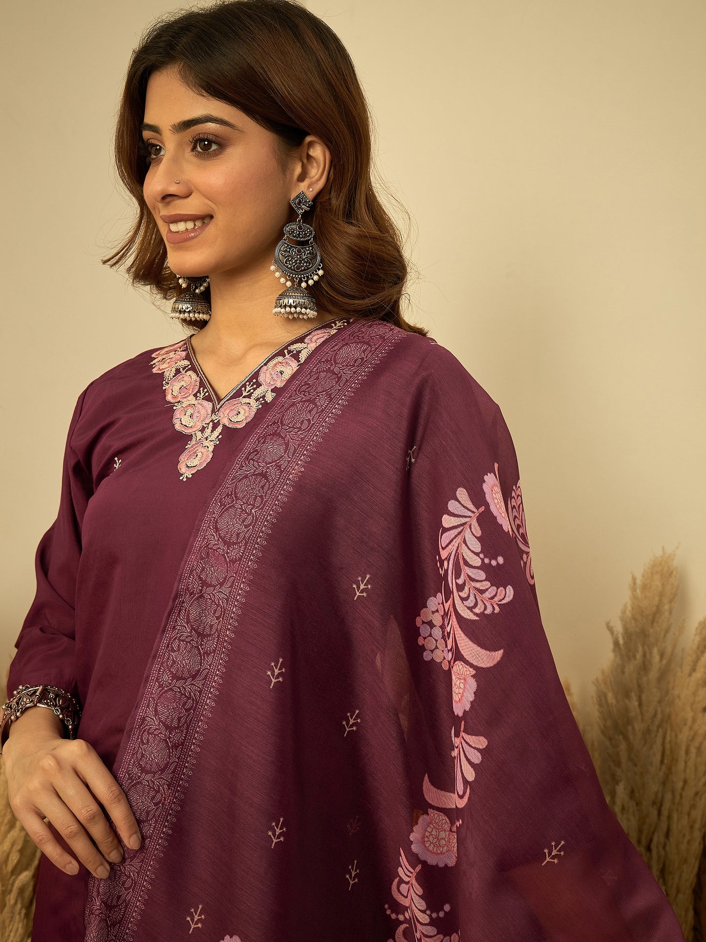 Dhiyona VV Wine Womens Traditional Kurta Pant Set with Dupatta