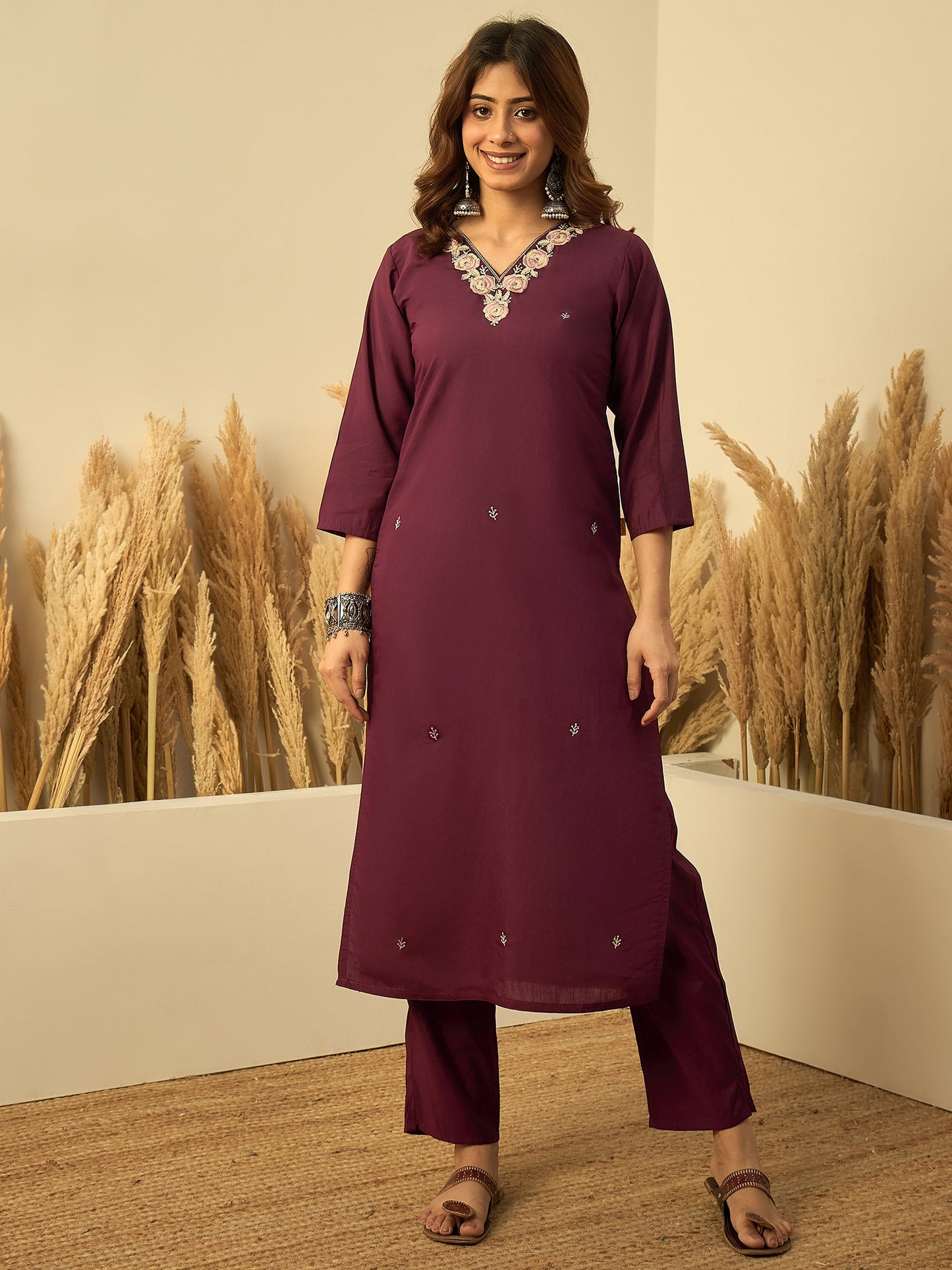Dhiyona VV Wine Womens Traditional Kurta Pant Set with Dupatta