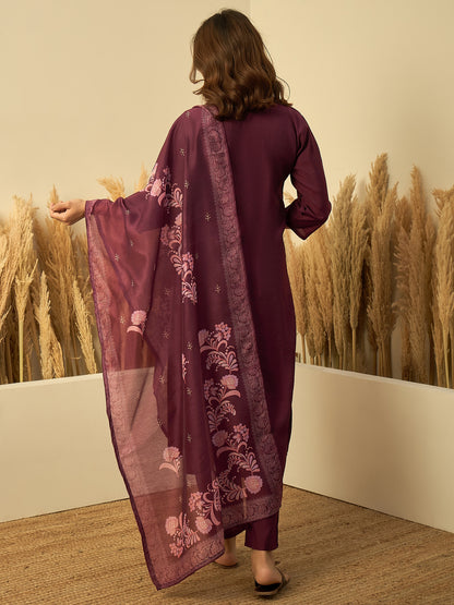Dhiyona VV Wine Womens Traditional Kurta Pant Set with Dupatta