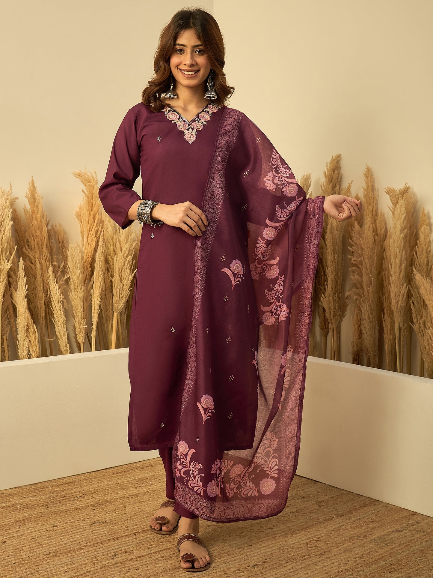 Dhiyona VV Wine Womens Traditional Kurta Pant Set with Dupatta