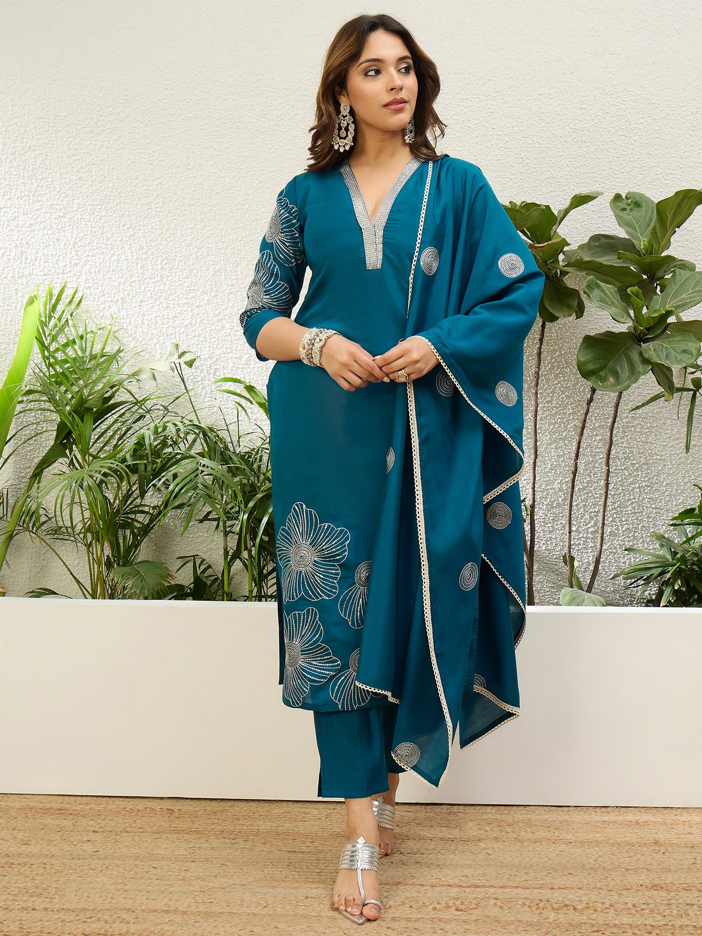 Dhiyona VV Teal Blue Womens Traditional Kurta Pant Set with Dupatta