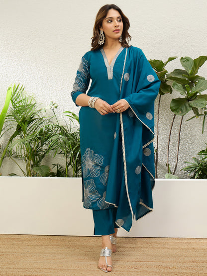 Dhiyona VV Teal Blue Womens Traditional Kurta Pant Set with Dupatta