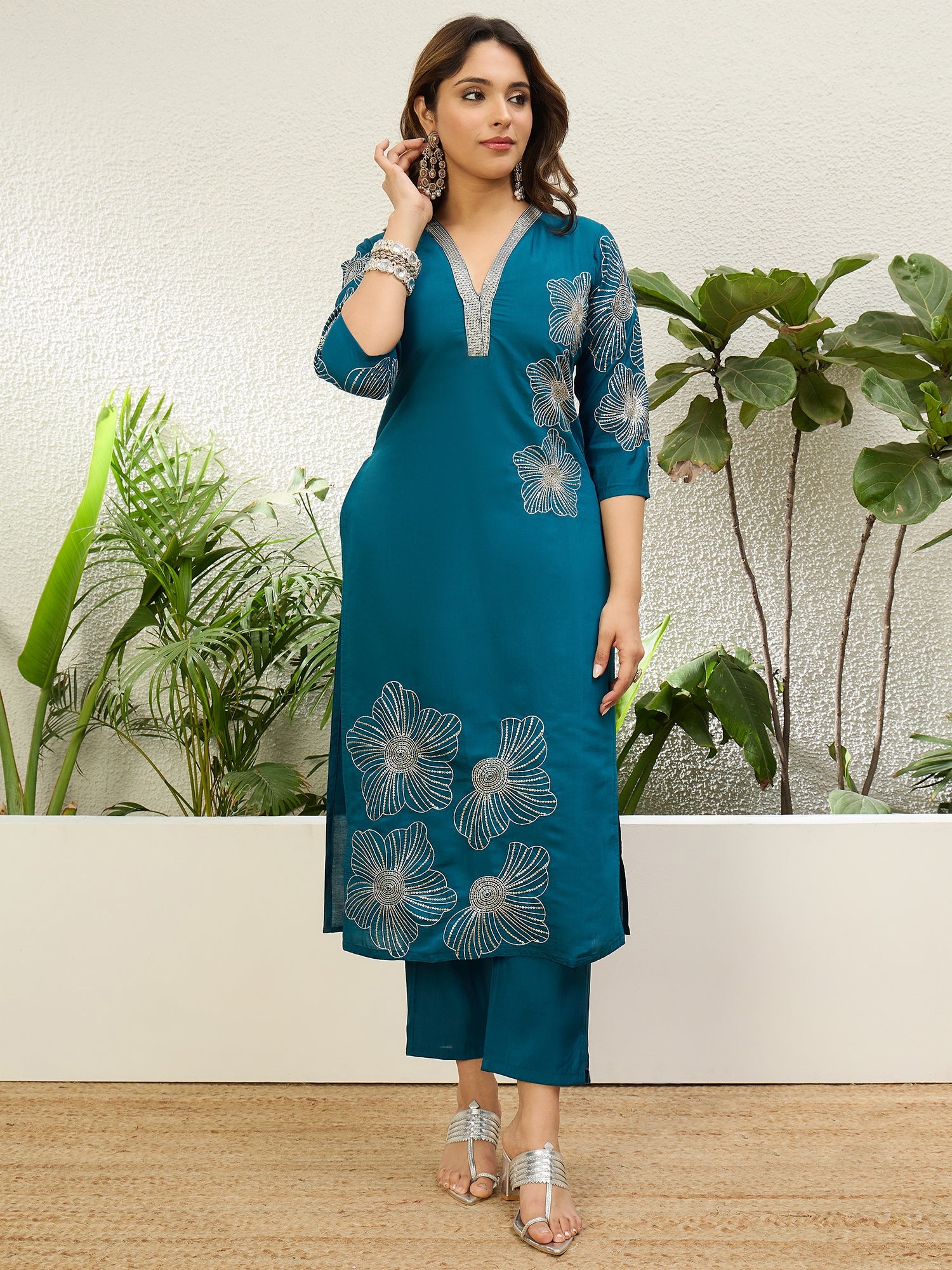 Dhiyona VV Teal Blue Womens Traditional Kurta Pant Set with Dupatta