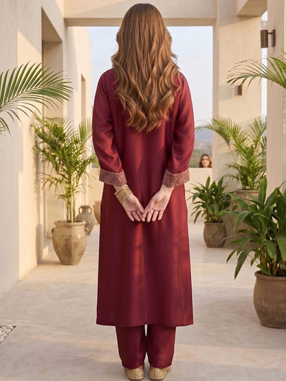 Maroon Women Ethnic Motifs Embroidered Regular Thread Work Kurta with Trousers