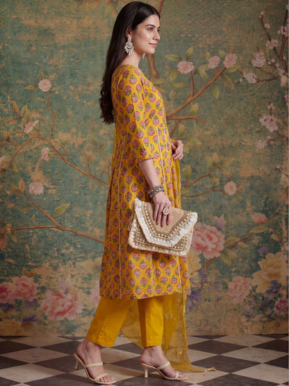 Embroidered Pure Cotton Sweetheart Neck Kurta & Trousers With Dupatta