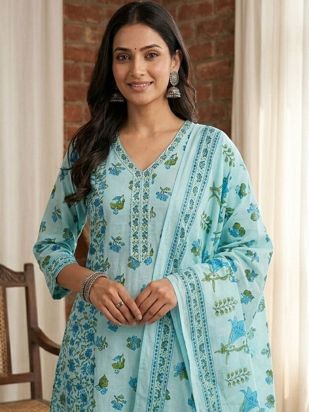 Women Floral Printed Empire Pure Cotton Kurta with Trousers & With Dupatta