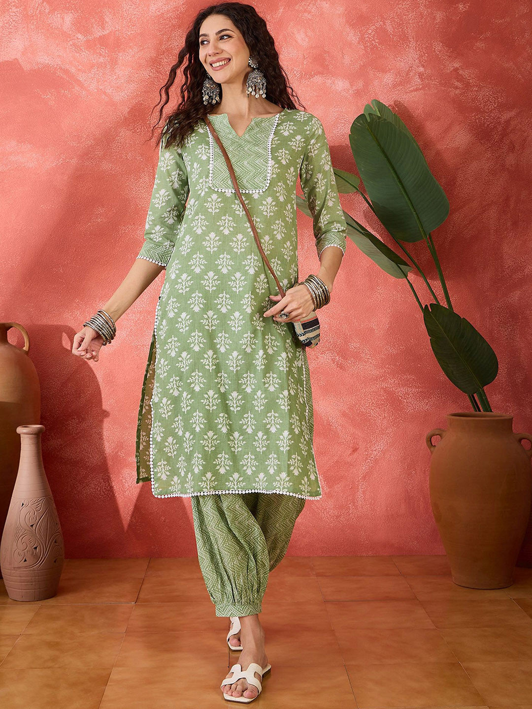 Floral Printed Notch Neck Pure Cotton Straight Kurta With Salwar