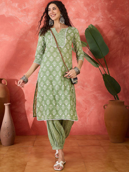 Floral Printed Notch Neck Pure Cotton Straight Kurta With Salwar