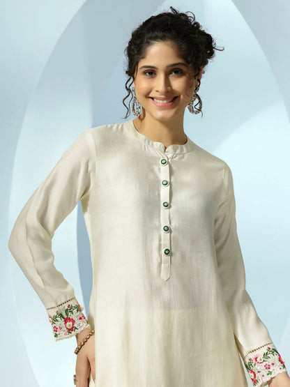 Women's LB Off White Embroidered Silk Blend Straight Kurta Set