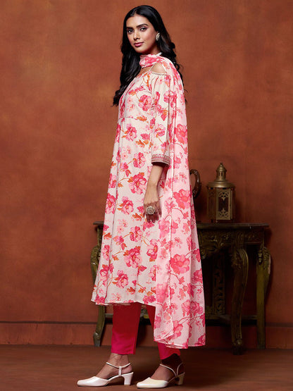 Floral Printed Off Shoulder Anarkali Kurta With Trousers And Dupatta