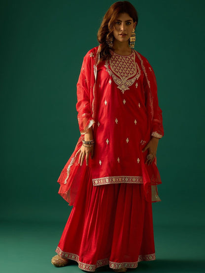 Dhiyona VA Ethnic Motifs Embroidered Zari Kurta With Sharara & Dupatta