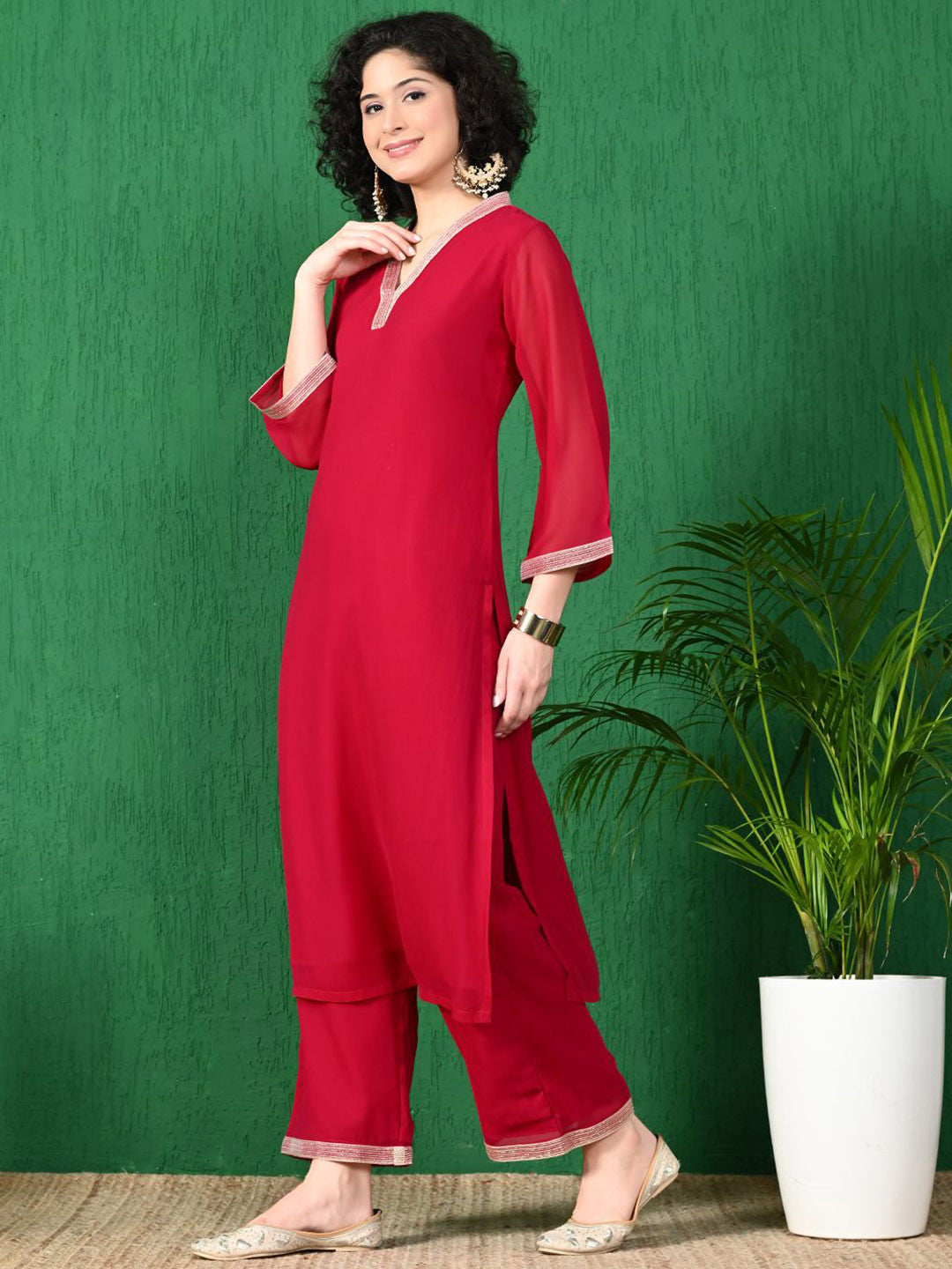 V Neck Three Quarter Sleeves Straight Kurta Sets