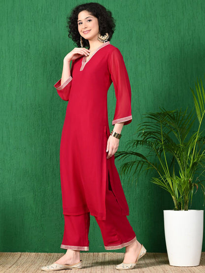 V Neck Three Quarter Sleeves Straight Kurta Sets