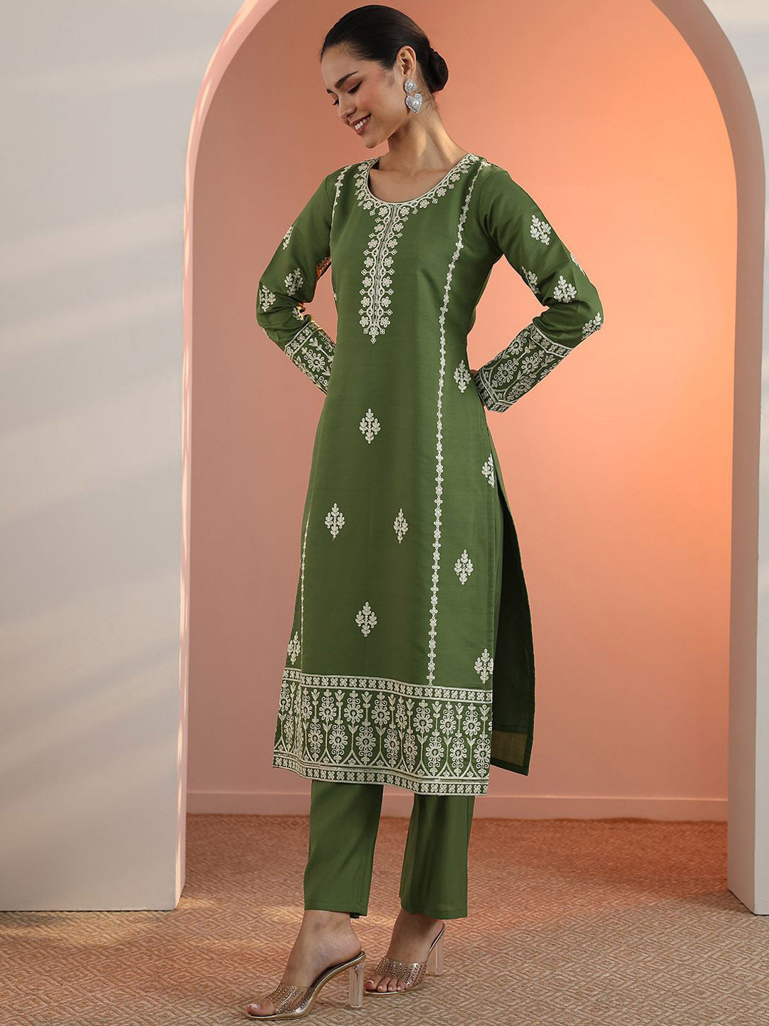 Floral Embroidered Straight Kurta With Trousers & Dupatta