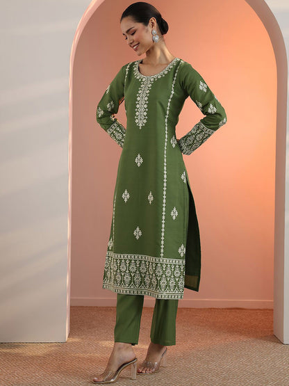 Floral Embroidered Straight Kurta With Trousers & Dupatta