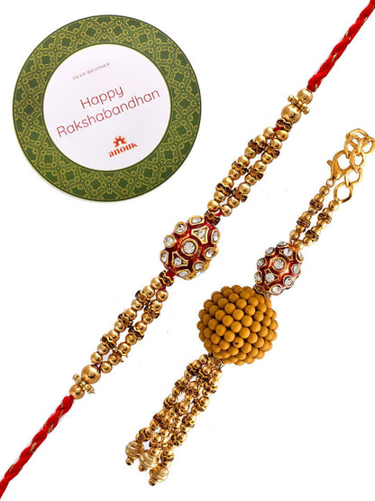 Dhiyona Gold-Toned Rudraksha Beaded Bhaiya Bhabhi Rakhi With Roli Chawal & Greeting Card
