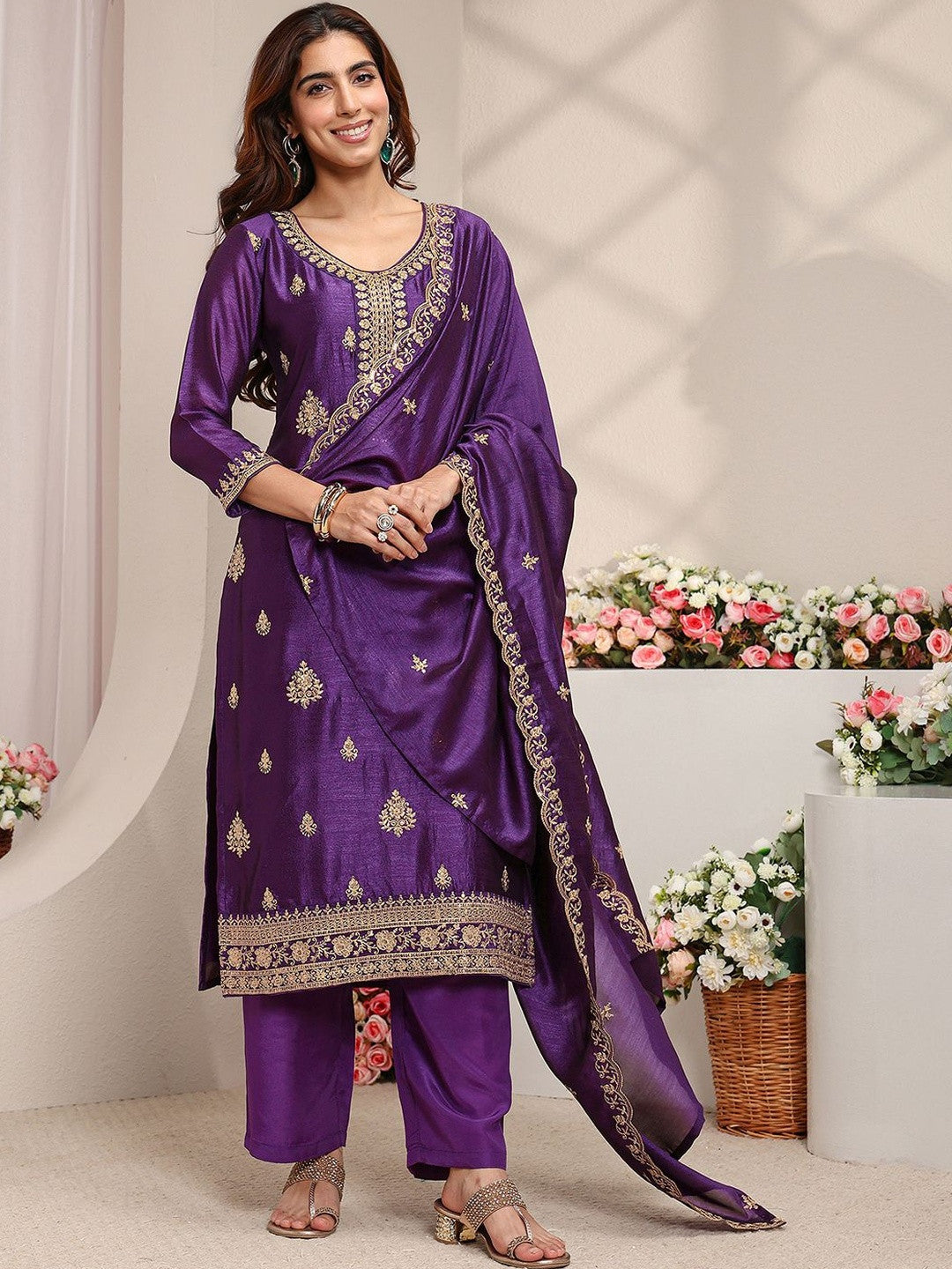 Purple Ethnic Motifs Embroidered Straight Suit Set with Dupatta