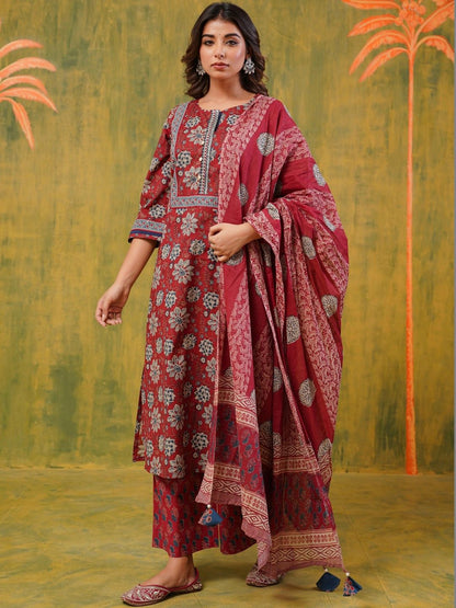 Dhiyona KL Women Floral Printed Regular Pure Cotton Kurta with Palazzos & With Dupatta
