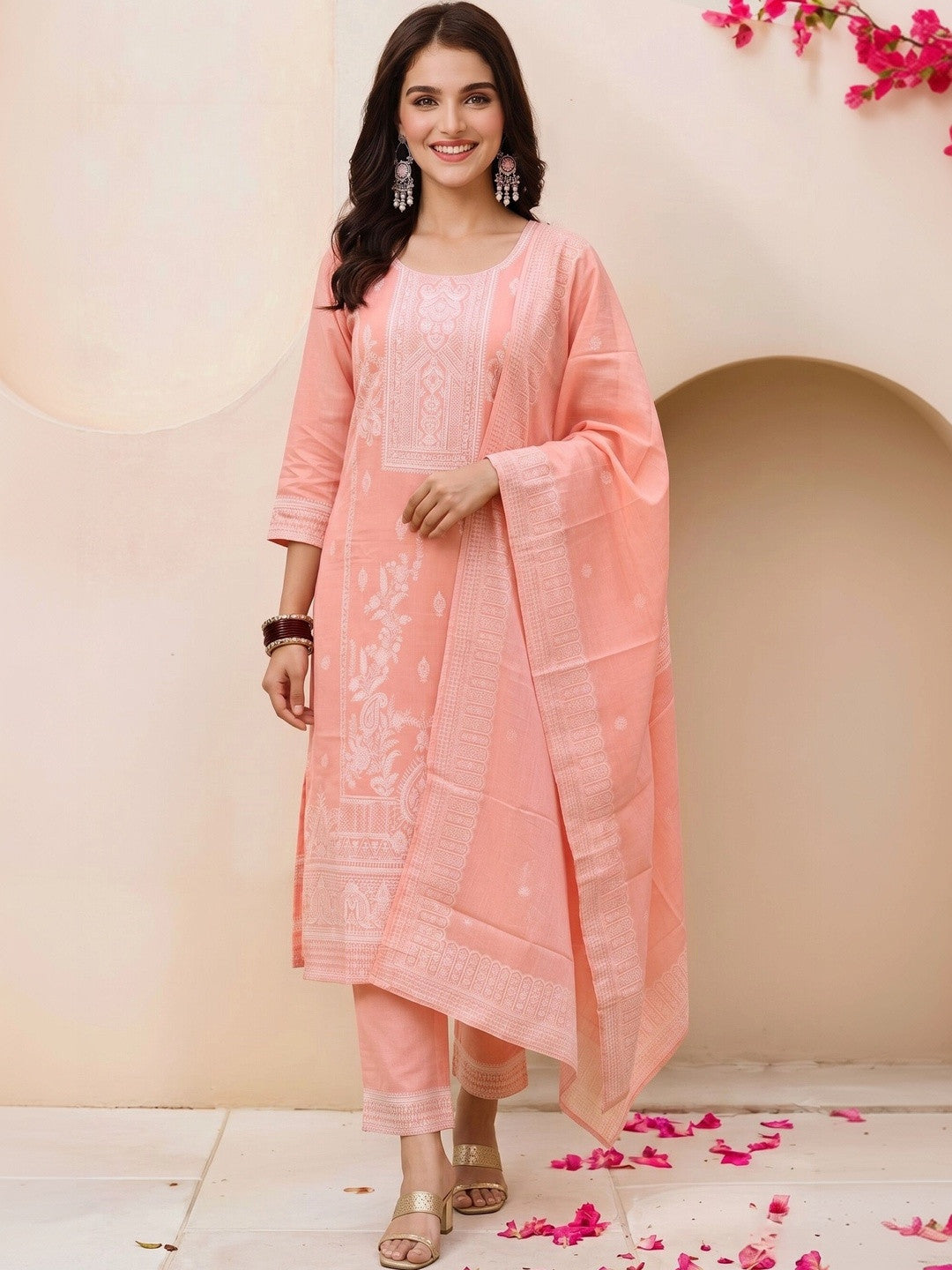 Women Ethnic Motifs Embroidered Regular Thread Work Pure Cotton Kurta with Trousers & With Dupatta