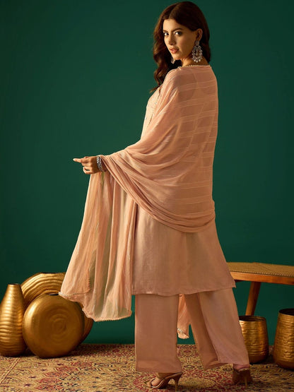 Dhiyona VA Women Embroidered Regular Beads and Stones Kurta with Palazzos & Dupatta