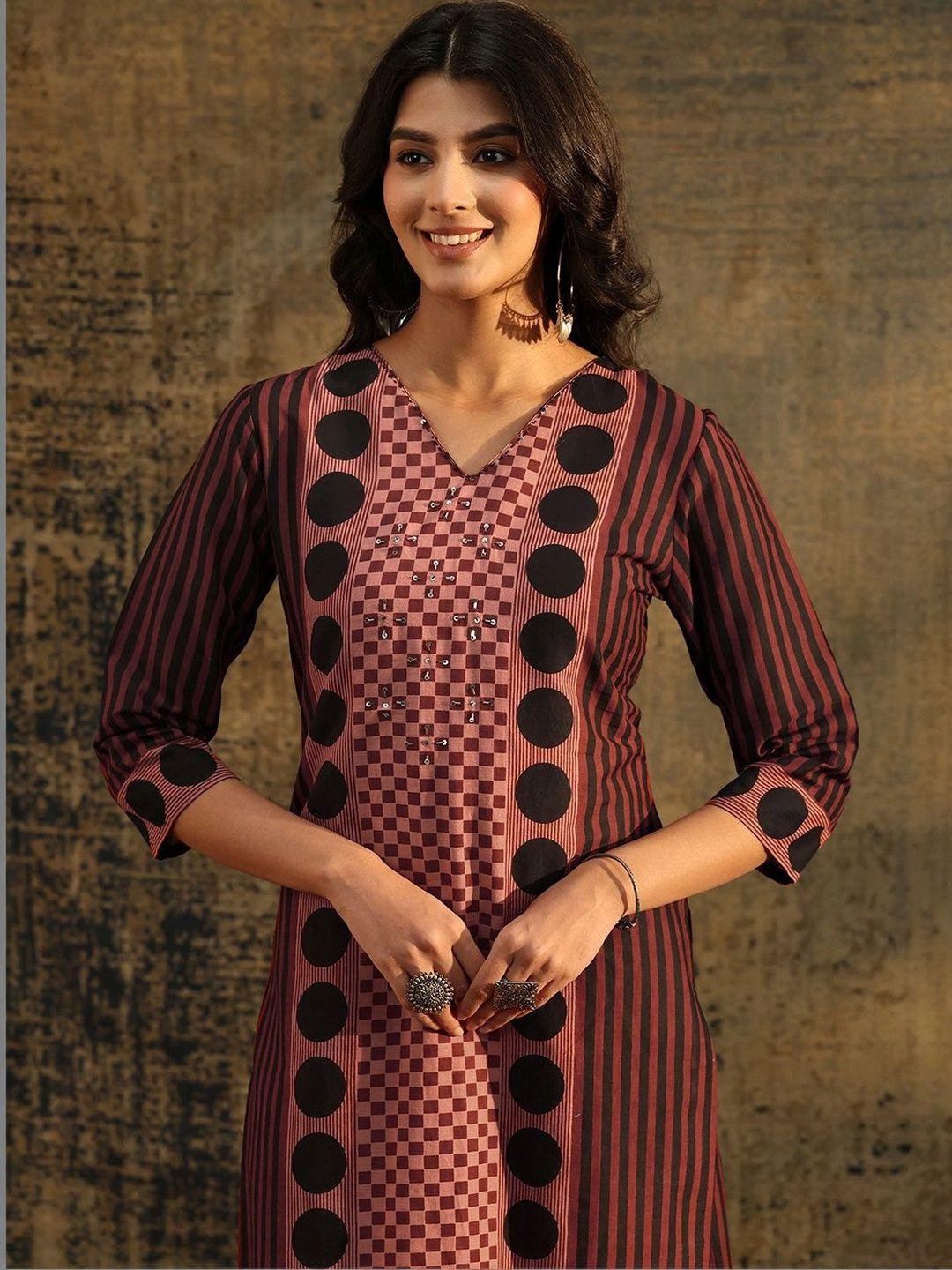 Brown Geometric Printed Cotton Straight Suit Set