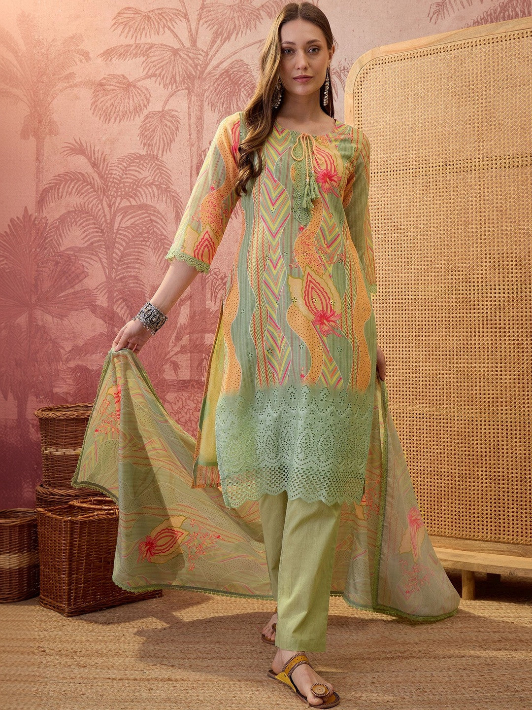 Dhiyona SN Floral Printed Round Neck Lace Hem Kurta & Trousers With Dupatta