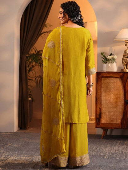 Dhiyona LL Women Ethnic Motif Woven Design Sequinned Kurta with Palazzos & Dupatta