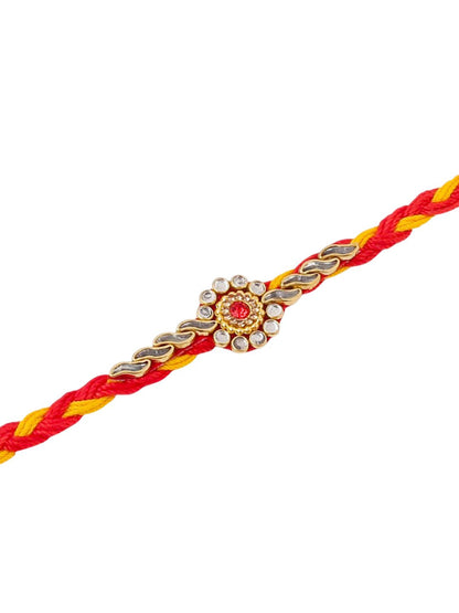 Dhiyona Set Of 6 Kundan Studded Floral Thread Rakhis With Roli Chawal Chandan & Mishri