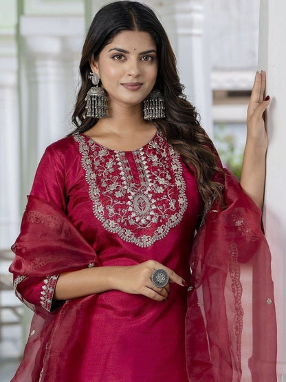 Women Embroidered Regular Kurta with Trousers & With Dupatta