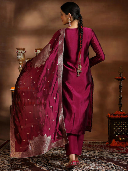 Women's LB Magenta Woven Design Silk Blend Straight Suit With Dupatta