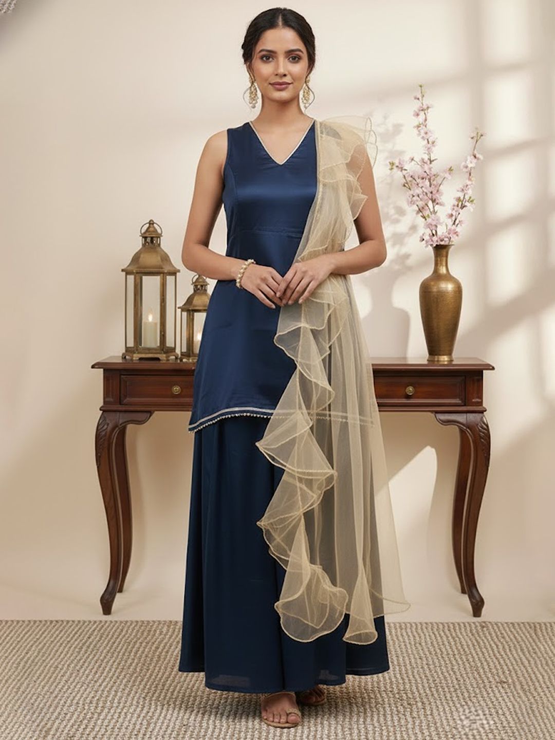 Dhiyona SN Satin V-Neck Kurti & Sharara