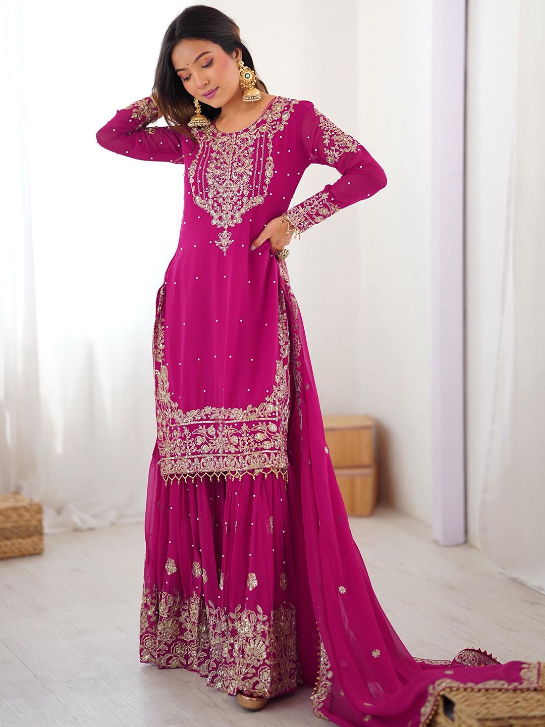 Dhiyona KL Women Ethnic Motifs Embroidered Regular Sequinned Kurta with Sharara & Dupatta