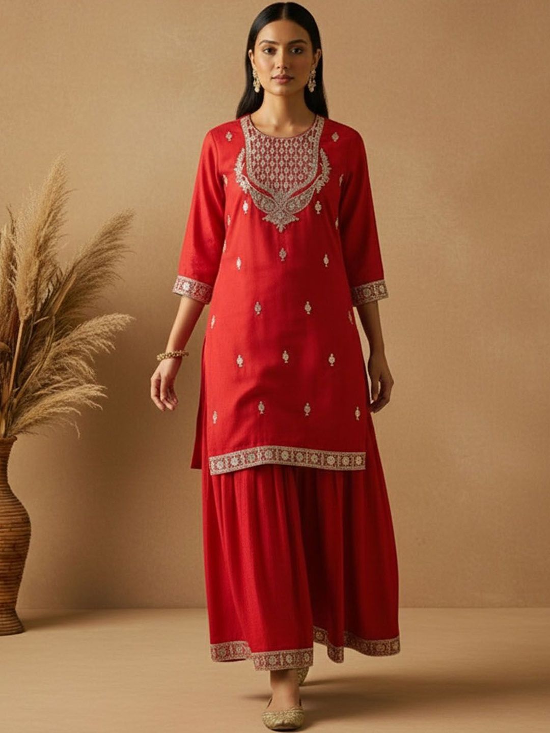 Dhiyona AN Women Ethnic Motifs Embroidered Regular Thread Work Kurta with Sharara & With Dupatta