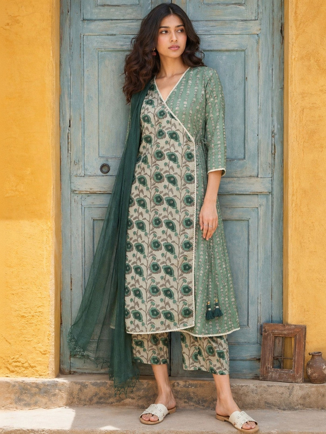Dhiyona SN Printed Pure Cotton V-Neck Kurta & Trousers With Dupatta
